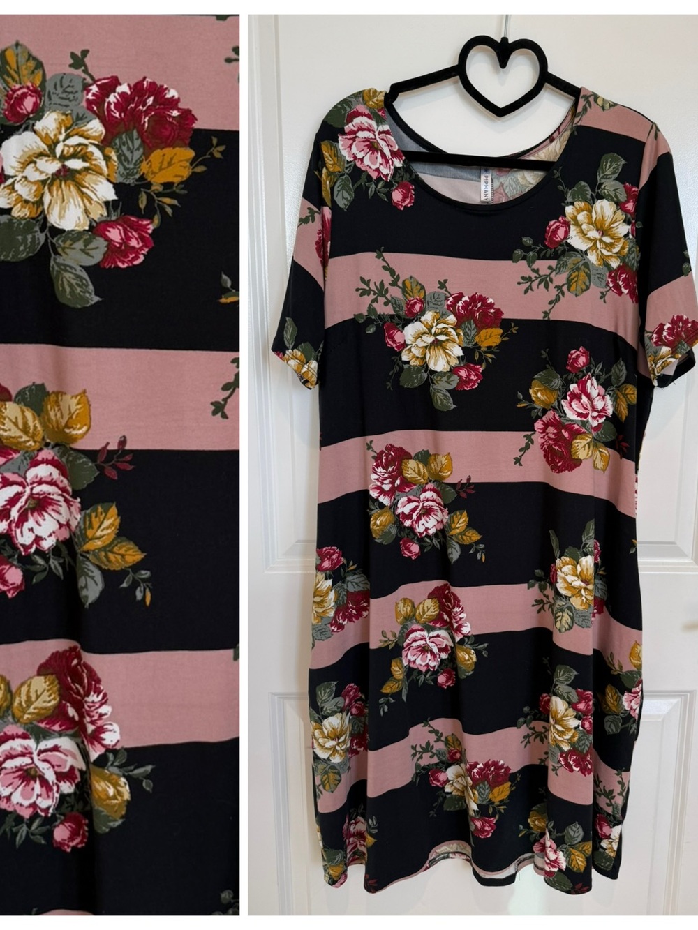 Piphany- Floral Stripe Swing Dress in Black and Dusty Rose, Buttery Soft Fabric